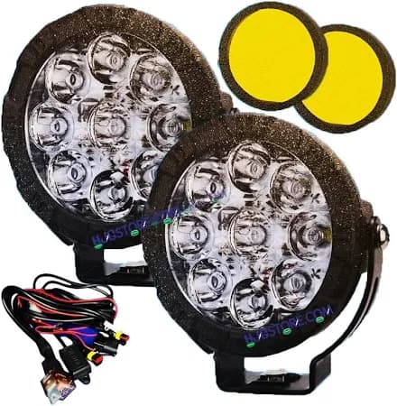 HJG 9 LED Round White Fog Light With Yellow Cap (90W) With Wiring Kit Harness And Switch Spot Driving Lamp Universal for Car, Bike and Motorcycle (set of 2) - PREMIUM