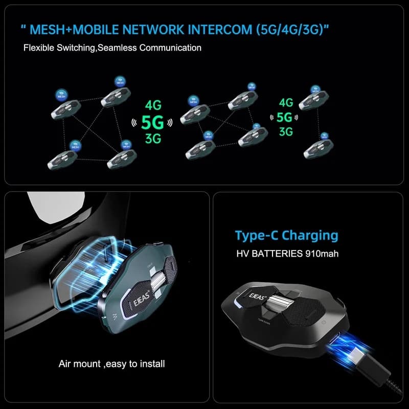 Ejeas X10 Plus MESH+5G Motorcycle Helmet Intercom System GREY