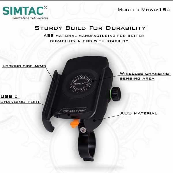 SIMTAC Mobile Holder Wireless Charger With USB C Bikes/ Scooters| MHWC-15C