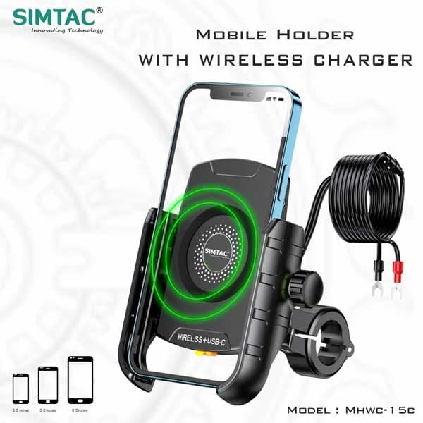 SIMTAC Mobile Holder Wireless Charger With USB C Bikes/ Scooters| MHWC-15C