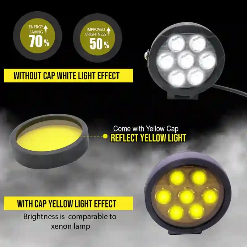 HJG 9 LED Round White Fog Light With Yellow Cap (90W) With Wiring Kit Harness And Switch Spot Driving Lamp Universal for Car, Bike and Motorcycle (set of 2) - PREMIUM